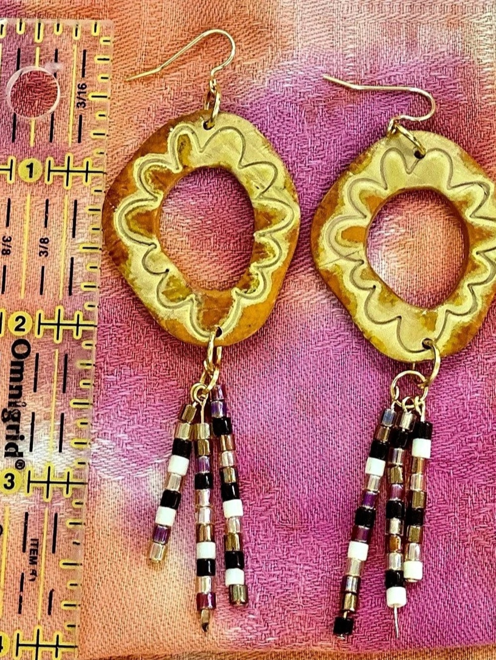 Handcrafted Oval Beaded Earrings in Gold & White